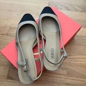 Vaneli Tan and Black Slingback Heels with Adjustable Strap.